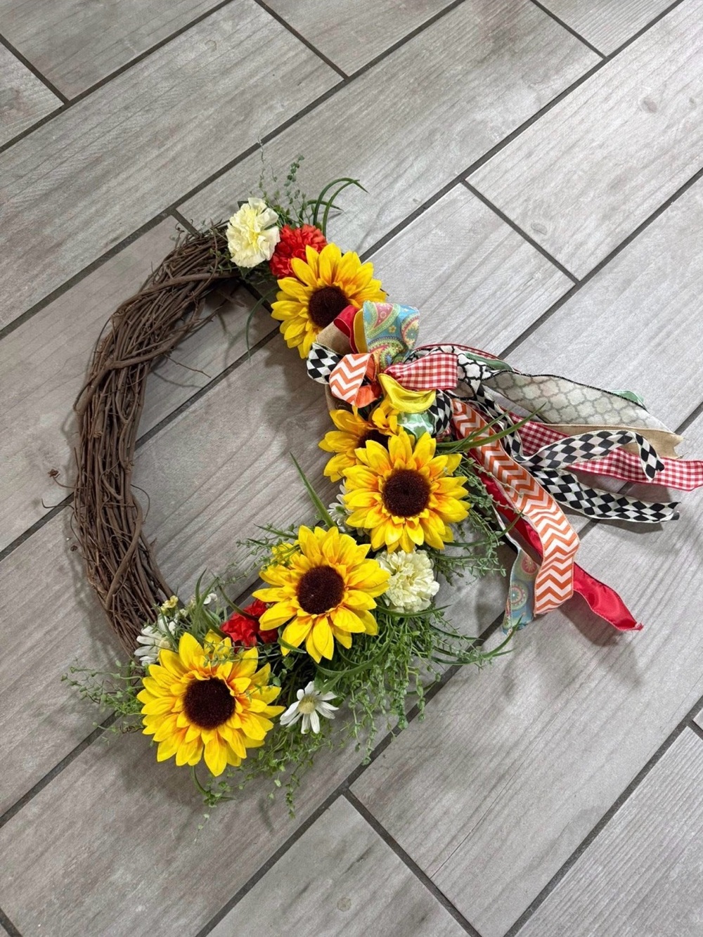 Sunflower Grapevine Wreath with Colorful Ribbon